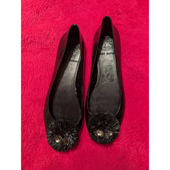 Tory Burch Black Jelly Ballet Flats Pom Pom Gem Embellished Shoes Women’s 7.5 - Picture 2 of 9